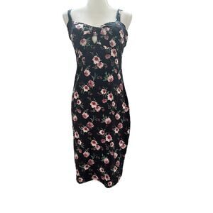 No Boundaries Body Con Midi Dress, Black Floral, Size L